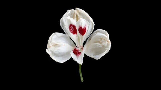 A single white flower with red markings on its petals  set against a stark black background  showcasing delicate natural form