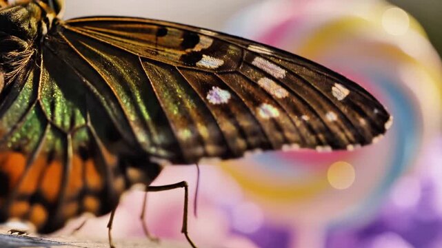 Macro detail of butterfly wing over colorful bokeh background.