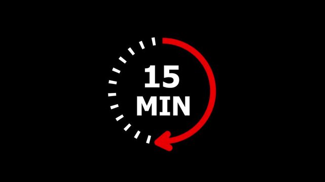 Clock with 15 min and circular arrows timer animation on transparent background. 15 Min arrow clock icon animation, 15 minute animation. timer 15 minutes countdown icon. Alpha Channel