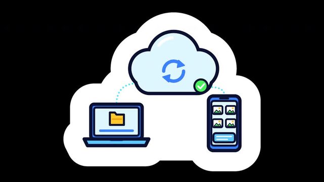 Bold sticker of a big cloud with a sync arrows icon and a green check badge, connected by dotted paths to a laptop with a folder and a smartphone with a photo gallery, on a transparent background. Doc