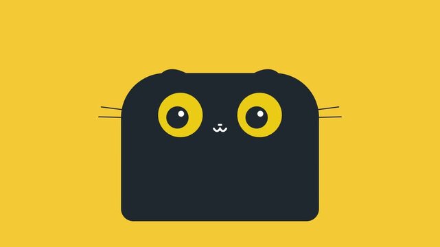 Minimalist illustration of a black cat face on yellow background