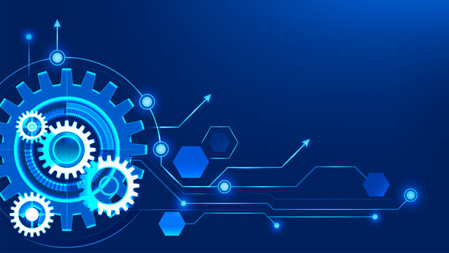 uturistic digital technology background with gears mechanism and circuit lines in blue, vector illustration for engineering banners, cyber innovation posters, and desktop wallpaper.
