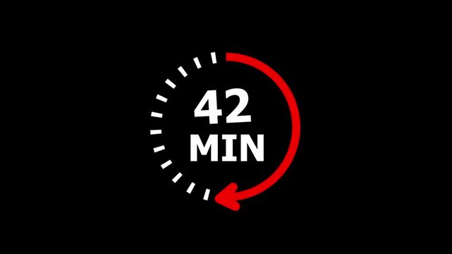 Clock with 42 min and circular arrows timer animation on transparent background. 42 Min arrow clock icon animation, 42 minute animation. timer 42 minutes countdown icon. Alpha Channel