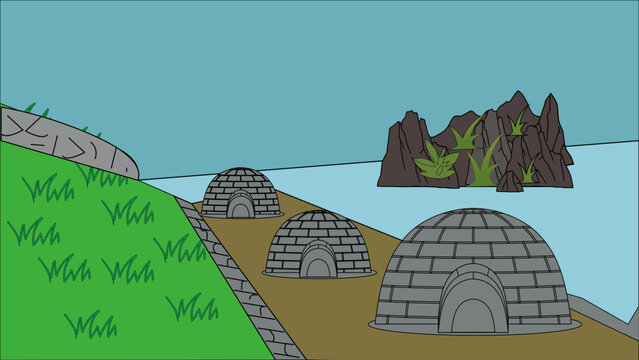 Igloo village on green hill by the sea with rocky island, cartoon vector illustration background