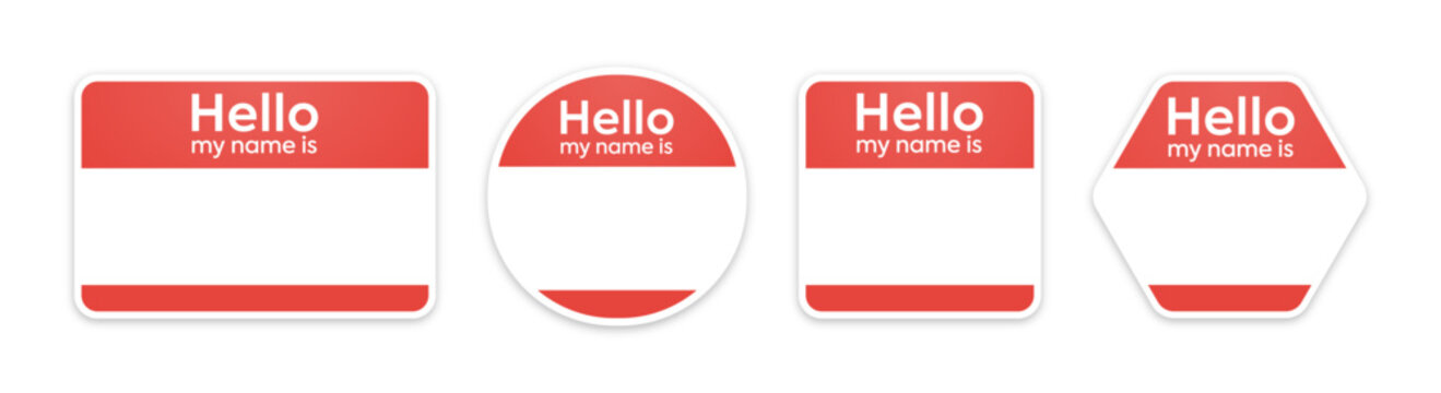 Realistic Hello my name is red badges set vector. Isolated Hello badge with empty name tag on white background. Sticker or hanging name badge concept illustration. Vector illustration.