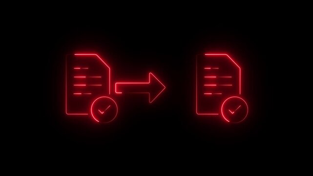 Glowing red Neon Document Conversion and File Transfer Icon Animation, Data Migration and Successful Upload Process Concept.4k motion..