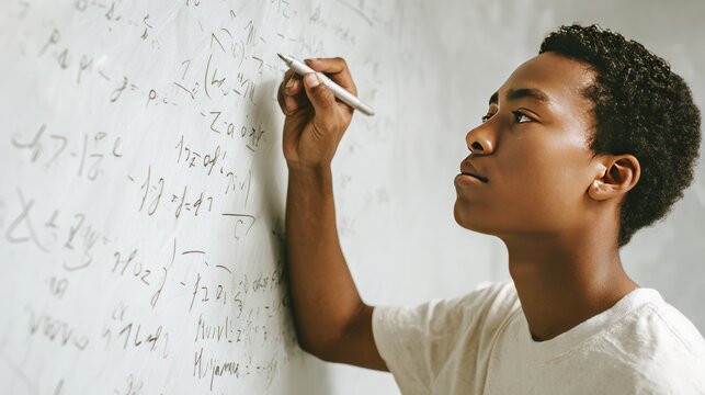 Focused student solving complex math equations on whiteboard