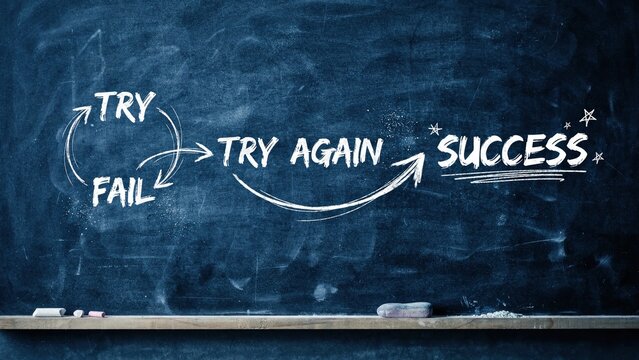 Chalkboard drawing illustrating the concept of try, fail, try again leading to success with arrows.