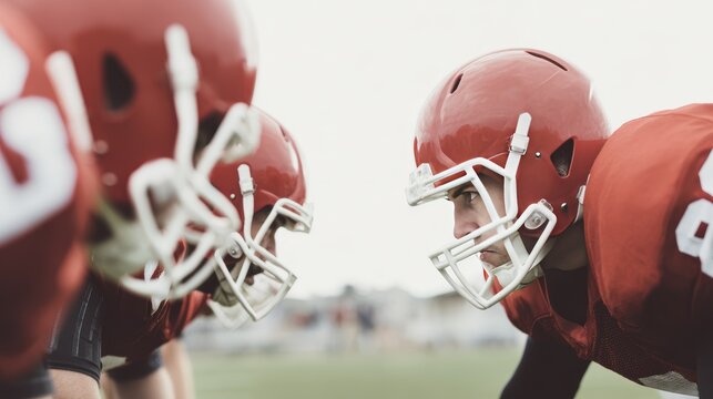 Intense football players face-off on the field during competitive game