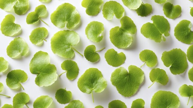 Vibrant green gotu kola leaves pattern on white background for natural skincare concepts