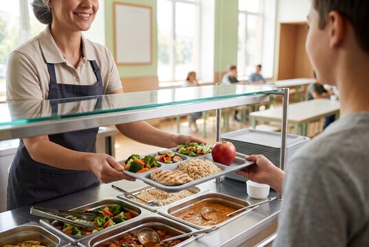 Restauration scolaire : employ&eacute;e souriante de cantine servant un plateau-repas &eacute;quilibr&eacute; &agrave; un &eacute;l&egrave;ve dans un r&eacute;fectoire lumineux