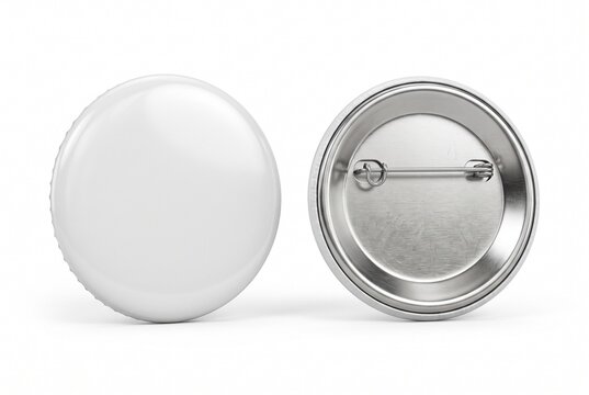 Mock up de bottons redondos brancos: vista frontal com superf&iacute;cie brilhante e verso com fecho de alfinete met&aacute;lico, isolado em fundo branco 