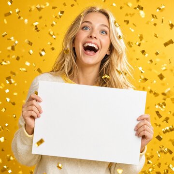 Gewinnerin: &uuml;bergl&uuml;ckliche junge deutsche Frau h&auml;lt leeren Scheck hoch, Goldkonfetti und gelber Hintergrund, Lotteriegewinn und Zertifikat.