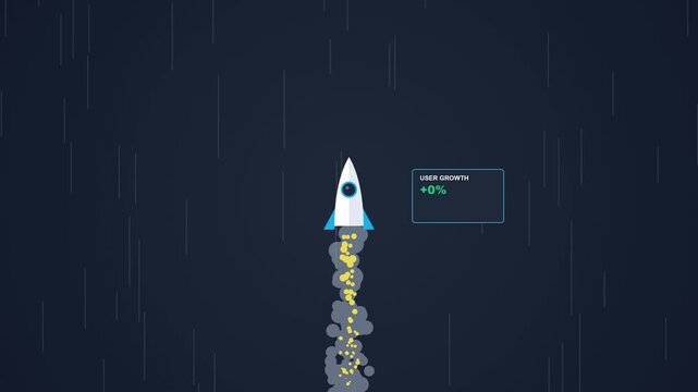 Minimalist Rocket Ship Flying in Dark Space Showing User Growth Animation