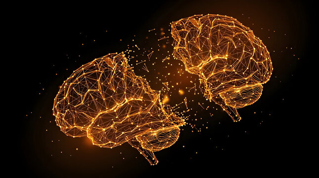 Glowing digital human brain model made of connected dots and lines