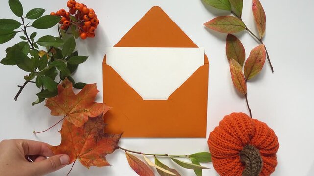 Top view: an autumn floral frame made of bright flowers and yellow leaves on a white background. Space for text. A template concept for an autumn greeting card or invitation
