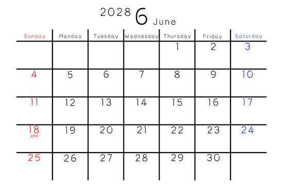 2028年シンプルカレンダー 6月　曜日英語