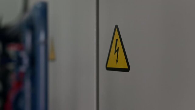 High voltage electrical hazard warning sign on industrial control cabinet