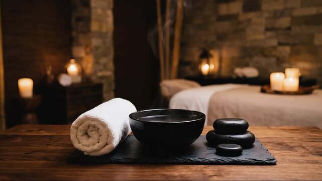 Steaming water bowl with basalt stones and rolled towel placed on wooden table in luxury spa interior