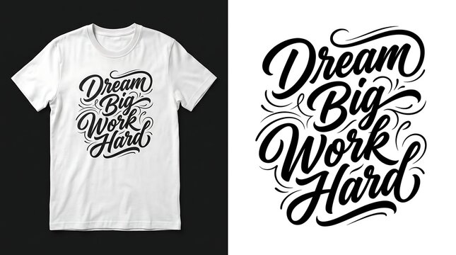 Dream big work hard typography design for t shirt print with motivational quote and hand drawn lettering