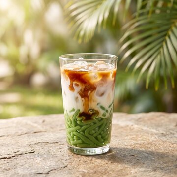 Traditional Indonesian Es Cendol iced dessert with pandan jelly, coconut milk, and liquid palm sugar in a glass