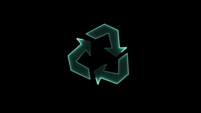 A glowing, mint-green recycling symbol made of three chasing arrows against a dark background.