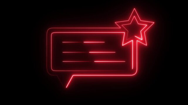A red neon-style testimonial, review, or feedback icon featuring a speech bubble with text lines and a star.