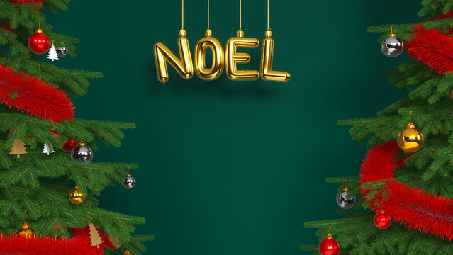 Boules de No&euml;l suspendues dor&eacute;es formant le mot "NO&Euml;L" sur fond de sapins de No&euml;l vert fonc&eacute;