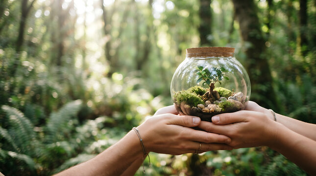 Two hands holding a glass terrarium container with green ecosystem in forest