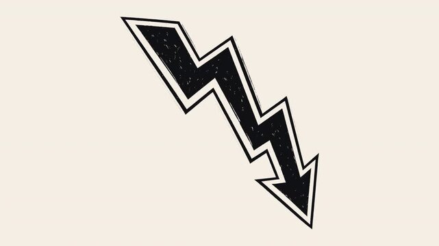Hand drawn grunge style black zigzag arrow pointing down with a double outline, on a warm paper background with copy space. A crash: the arrow erases, then strikes down again like a lightning bolt fro