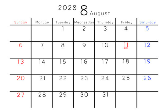 2028年シンプルカレンダー 8月　曜日英語