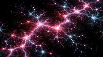 Fototapeta premium Abstract neural network background with glowing particles, lines. Bright pink, blue light connections form complex digital web. Concept of artificial intelligence, big data, machine learning, cosmic