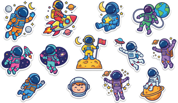 Cute astronaut sticker collection featuring cartoon spacemen exploring galaxy with rockets and planets