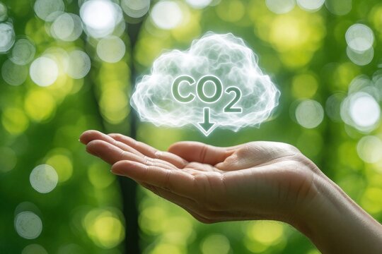 Human hand holds glowing CO2 cloud symbol above green forest bokeh. Concept of carbon footprint reduction, fresh air protection. Sustainable eco life, climate change solutions represent clean