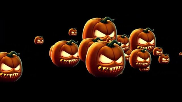 This Halloween-themed animation features a pitch-black background with a group of spooky, angry-faced jack-o'-lanterns that appear, multiply, and move dynamically.