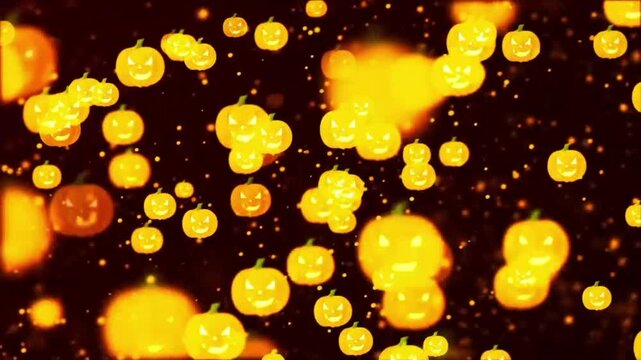 This Halloween-themed background animation features a multitude of glowing orange jack-o'-lantern icons with spooky facial expressions, floating and moving dynamically against a dark background.