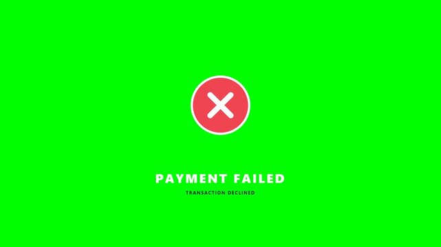 Payment failed notification with red cross and menu icons on green screen