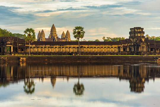 Panoramic View of Angkor Wat Temple Reflection at Sunrise