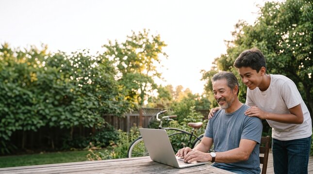Medium shot low angle two shot, candid documentary editorial magazine photography, a mature man of mixed Caucasian and East Asian descent with greying hair and a goatee using a laptop outdoors alongsi