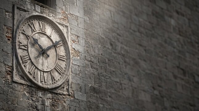 An old stone clock mounted on a weathered brick wall in a historic European city.