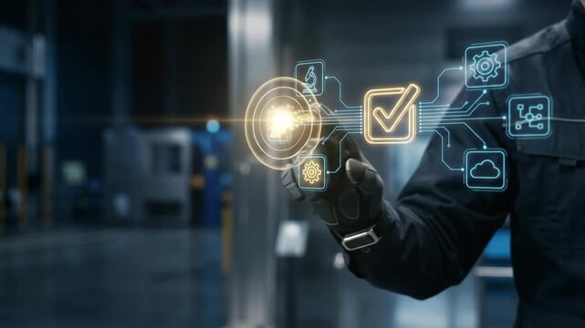 Engineer touches glowing virtual hologram in smart factory to apply future of work skills during technical quality control check side view close-up photo