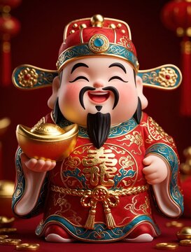 Cute chubby God of Wealth figurine in red, gold traditional clothing. Smiling Chinese deity holds golden sycee ingot for prosperity. Festive character brings good luck, abundance during Lunar New