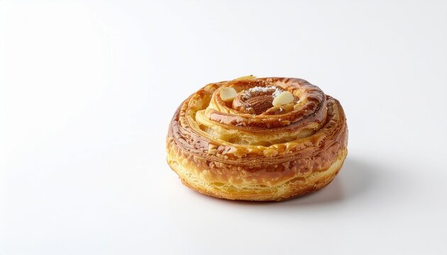 Fresh almond danish pastry with copy space isolated on white background