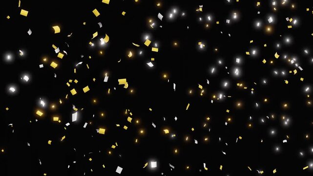 Gold and Silver Confetti with Glowing Particles on Black Background Seamless Loop