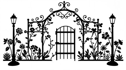 Ornate Garden Gate Arch with Lampposts and Blooming Flowers Silhouette © nuril
