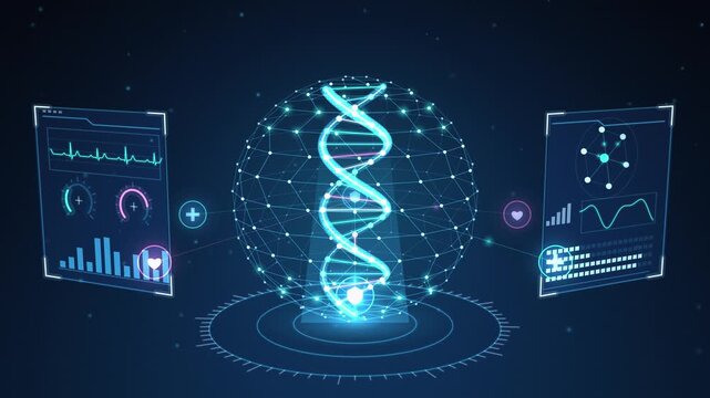 Digital DNA helix with futuristic medical interface and data analysis