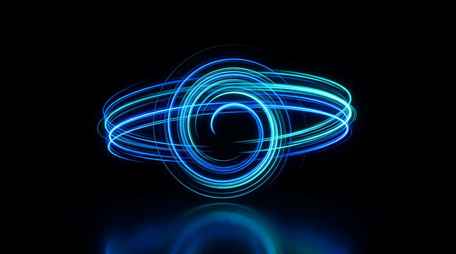 Abstract circular glowing light trails with dynamic blue motion lines creating a swirling vortex effect against a dark background