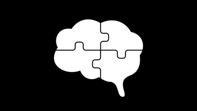White brain shape made of four puzzle pieces. Black background makes the shape stand out clearly. Symbolizes problem solving, learning, and mental growth. Could be used in educational, business