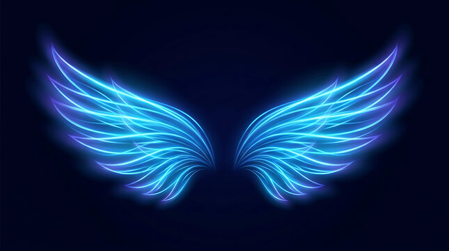 Glowing neon angel wings made of bright blue light isolated on a dark background for spiritual or fantasy designs