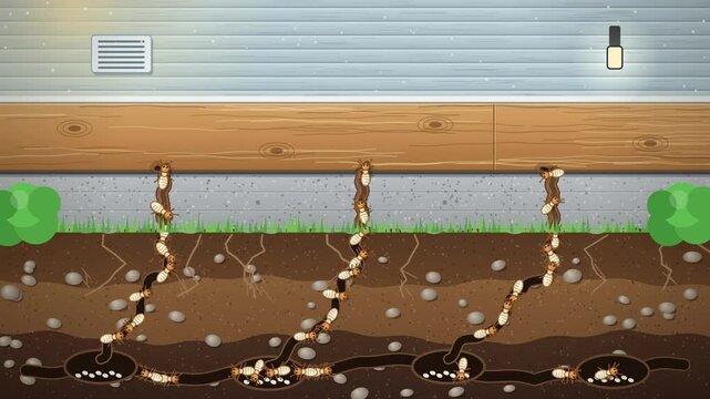 Termites tunnel through a wooden beam from the soil, stopped by a green barrier treatment, pest control 4K animation